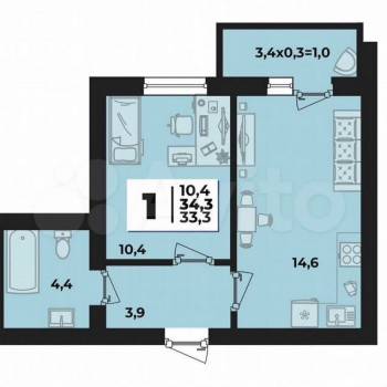 Продается 1-комнатная квартира, 34,3 м²