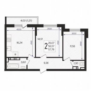 Продается 2-х комнатная квартира, 57,8 м²