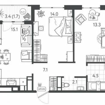 Продается 2-х комнатная квартира, 56,8 м²