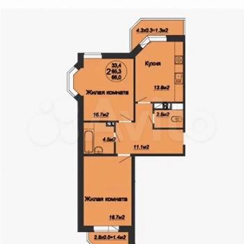 Продается 2-х комнатная квартира, 65,3 м²