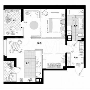 Продается 1-комнатная квартира, 53 м²