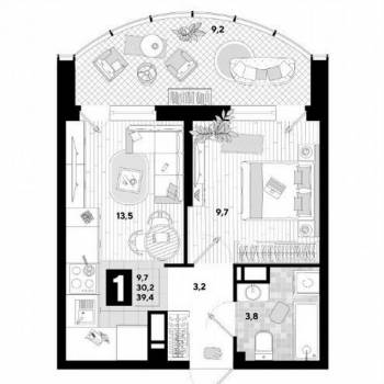 Продается 1-комнатная квартира, 39,4 м²