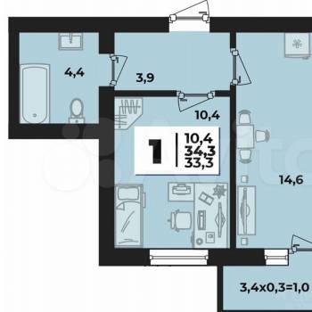 Продается 1-комнатная квартира, 34,3 м²