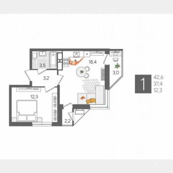 Продается 1-комнатная квартира, 42,6 м²