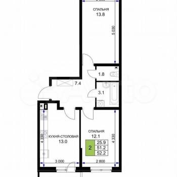 Продается 2-х комнатная квартира, 52 м²