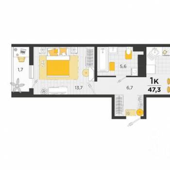 Продается 1-комнатная квартира, 46,5 м²
