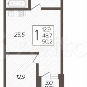 Продается 1-комнатная квартира, 51,1 м²