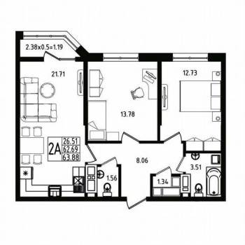 Продается 2-х комнатная квартира, 63,9 м²