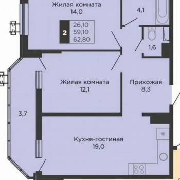Продается 2-х комнатная квартира, 57 м²