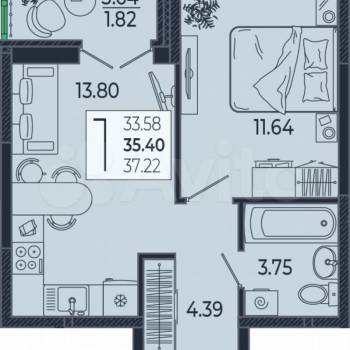 Продается 1-комнатная квартира, 35 м²