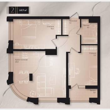 Продается 2-х комнатная квартира, 64,9 м²