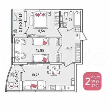 Продается 2-х комнатная квартира, 63 м²