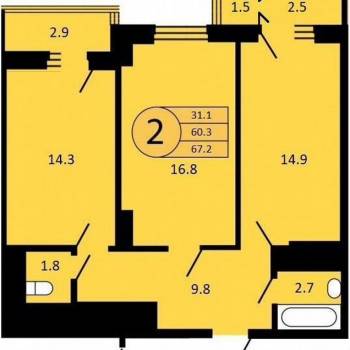 Продается 2-х комнатная квартира, 60,3 м²