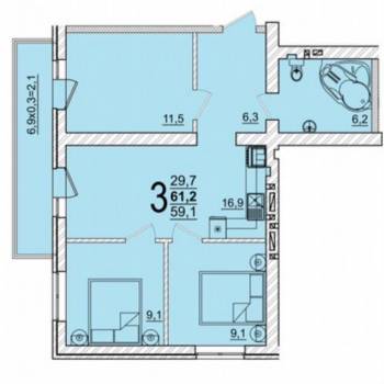 Продается 3-х комнатная квартира, 61,2 м²