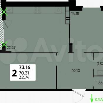 Продается 2-х комнатная квартира, 73,2 м²