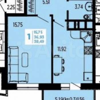 Продается 1-комнатная квартира, 37,3 м²