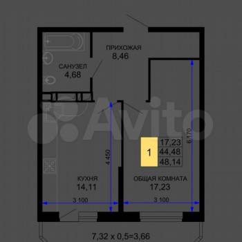 Продается 1-комнатная квартира, 46 м²