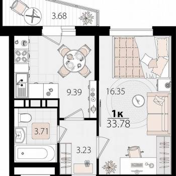 Продается 1-комнатная квартира, 33,8 м²