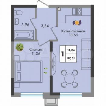 Продается 1-комнатная квартира, 37,5 м²