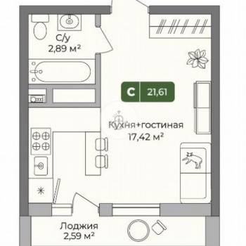Продается 1-комнатная квартира, 21,6 м²