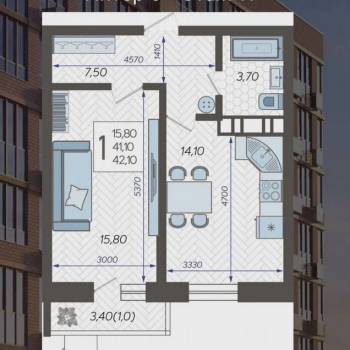 Продается 1-комнатная квартира, 42,9 м²