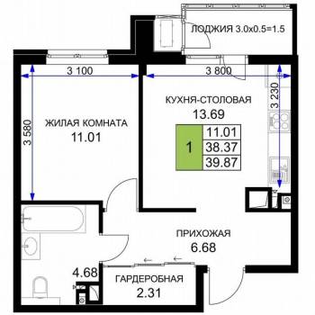 Продается 1-комнатная квартира, 41 м²