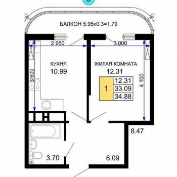 Продается 1-комнатная квартира, 35 м²