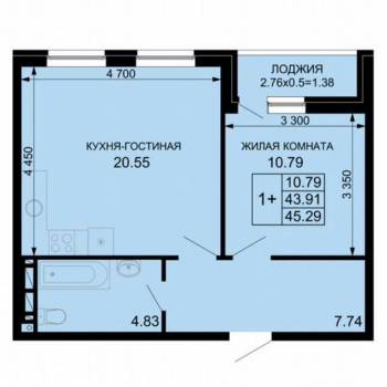 Продается 1-комнатная квартира, 45,3 м²