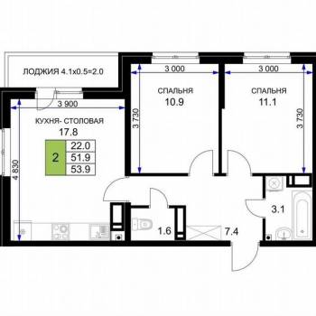 Продается 2-х комнатная квартира, 53,9 м²