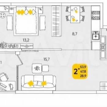Продается 2-х комнатная квартира, 53,9 м²