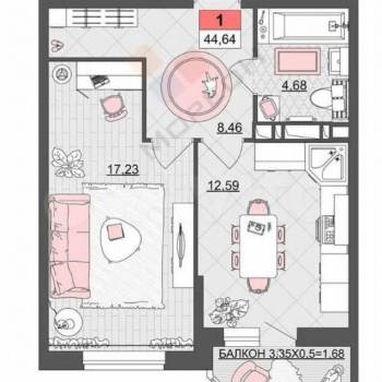 Продается 1-комнатная квартира, 46,1 м²