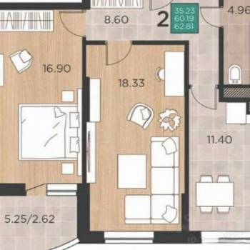 Продается 2-х комнатная квартира, 60,4 м²
