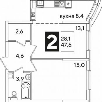 Продается 1-комнатная квартира, 47,6 м²