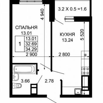 Продается 1-комнатная квартира, 34,7 м²