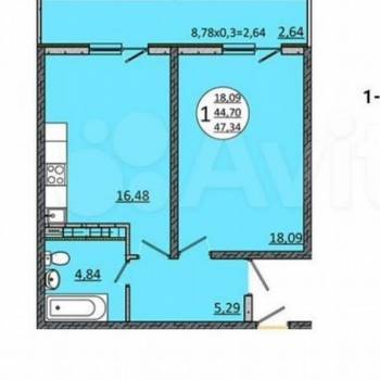Продается 1-комнатная квартира, 47,4 м²