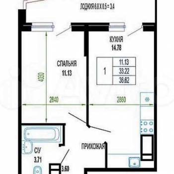 Продается 1-комнатная квартира, 36,6 м²