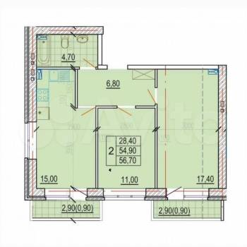Продается 2-х комнатная квартира, 56,7 м²
