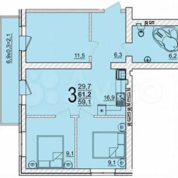 Продается 1-комнатная квартира, 61,2 м²