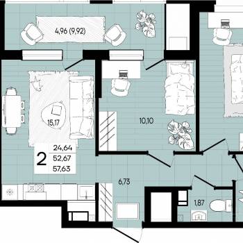Продается 2-х комнатная квартира, 57,63 м²