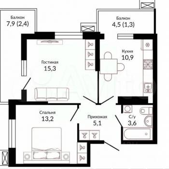Продается 2-х комнатная квартира, 60 м²