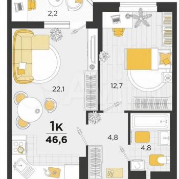 Продается 1-комнатная квартира, 46,6 м²