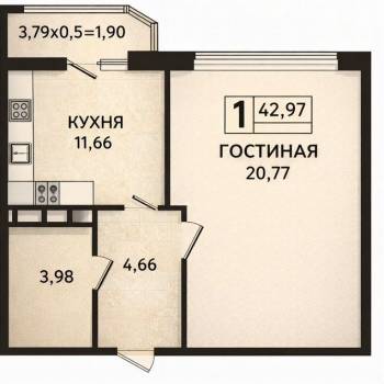 Продается 1-комнатная квартира, 43 м²