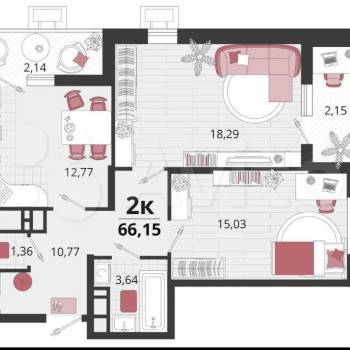 Продается 2-х комнатная квартира, 66,15 м²