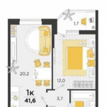 Продается 1-комнатная квартира, 41,6 м²