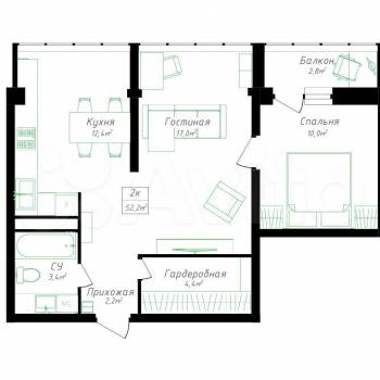 Продается 2-х комнатная квартира, 52,2 м²