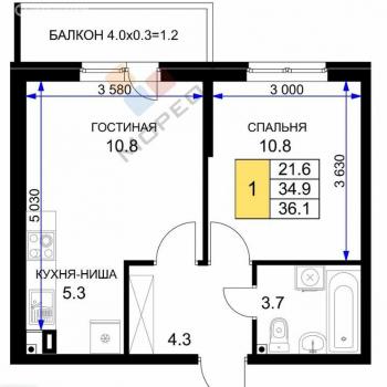 Продается 1-комнатная квартира, 36,1 м²