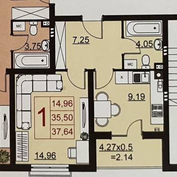 Продается 1-комнатная квартира, 38 м²