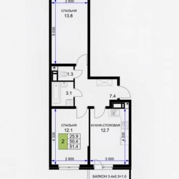 Продается 2-х комнатная квартира, 50 м²