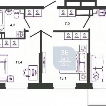 Продается 2-х комнатная квартира, 55,5 м²