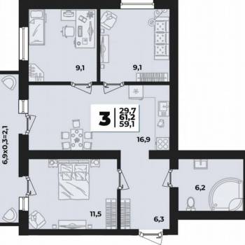 Продается 3-х комнатная квартира, 61,2 м²